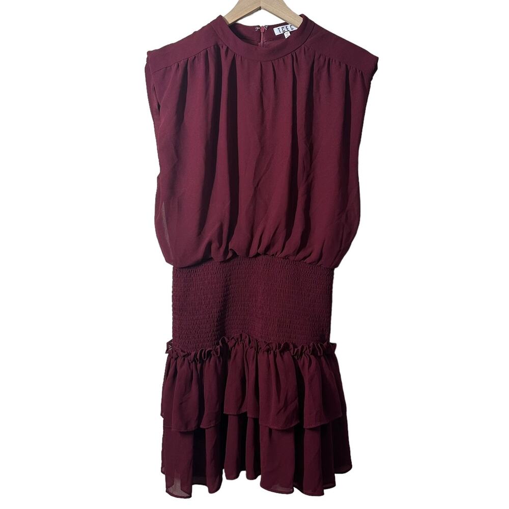 TCEC Maroon Chiffon Smocked Ruffle Dress Large Holiday Event Party